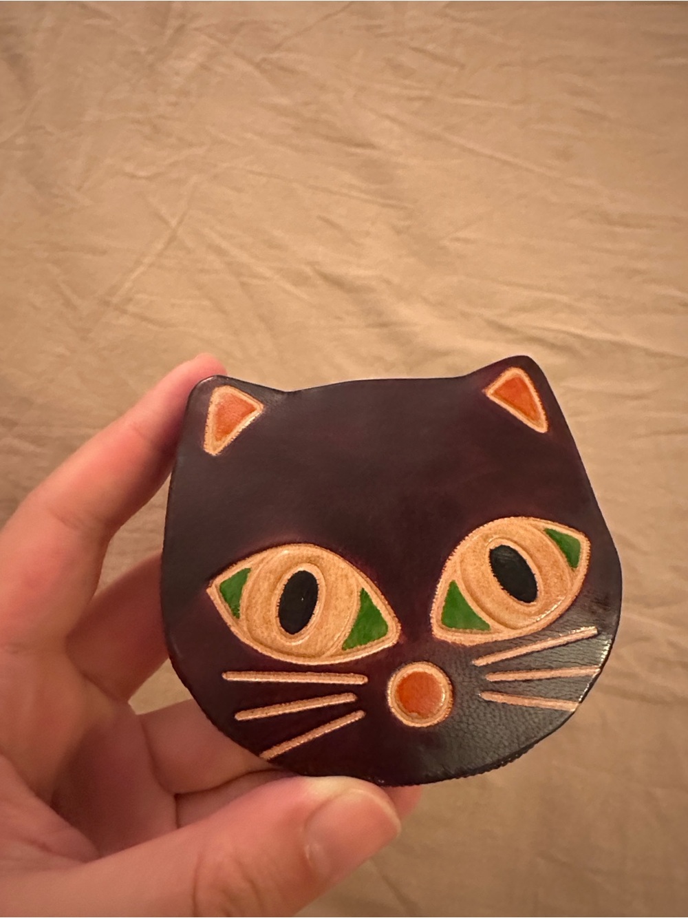 Cat Face Leather Toy - Brown Cat Design with Green Eyes